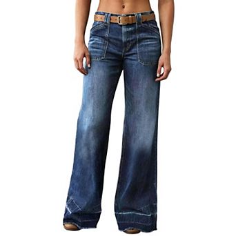 Wide Straight Leg Stretchy Jeans for Women Mid High Waisted Baggy Denim Pants with Deep Pockets.