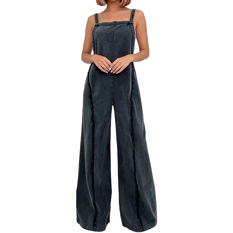 Women Vintage Washed Denim Jumpsuit Frayed Edge Straight Wide Leg ...