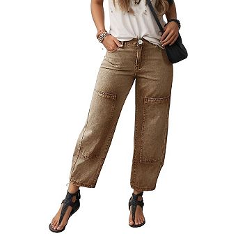 Women's High Waist Cropped Wide Leg Cargo Jeans Patch Pocket Denim Pants Casual Daily Wear