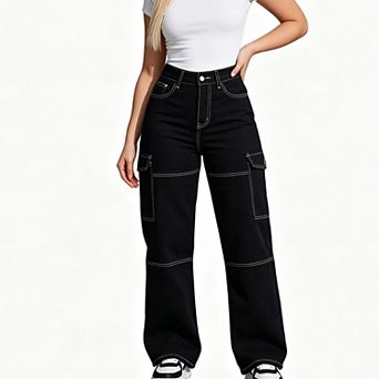Women High Waist Straight Leg Cargo Jeans, Side Pockets Contrast‑Seam Denim Work Pants