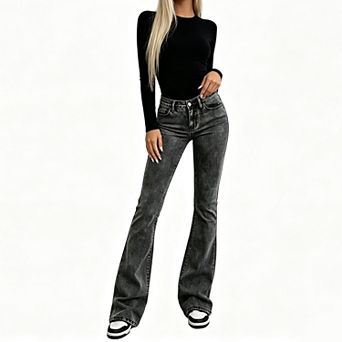 Women High Waist Washed Bootcut Jeans, Floor‑Length Bootcut Denim Pants with Classic Pockets