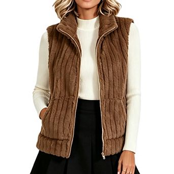 Women Fuzzy Faux Fur Vest Zip Up Stand Collar Sleeveless Gilet