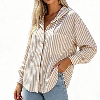 Women Striped Hooded Shirt, Loose Long Sleeve Button Down Cover Up Blouse with Chest Pockets