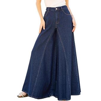Women High Waist Flared Wide Leg Denim Palazzo Pants Button Zip Closure Casual Maxi‑Length Jeans