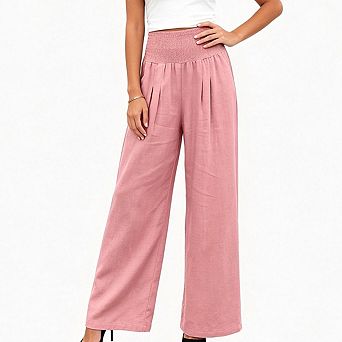 Women Smocked Elastic High Waist Wide Leg Pants Pleated Front Side Pockets Loose Casual Trousers