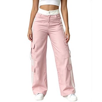 Women Striped Wide Leg Cargo Pants Contrast Waistband Streetwear Trousers