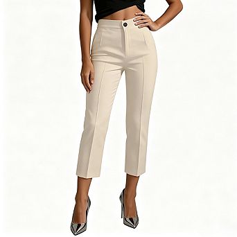 Women High Waist Cropped Pants Button Closure Straight Trousers With Pockets