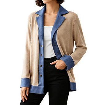 Women Color Block Jacket Lapel Button Down Long Sleeve Loose Casual Outerwear
