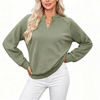 Women's V Neck Casual Knit Long Sleeve Pullover Sweatshirt Fall Fashion Daily Outfits