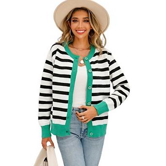 Women's Striped Colorblock Crew Neck Long Sleeve Cardigan Sweater