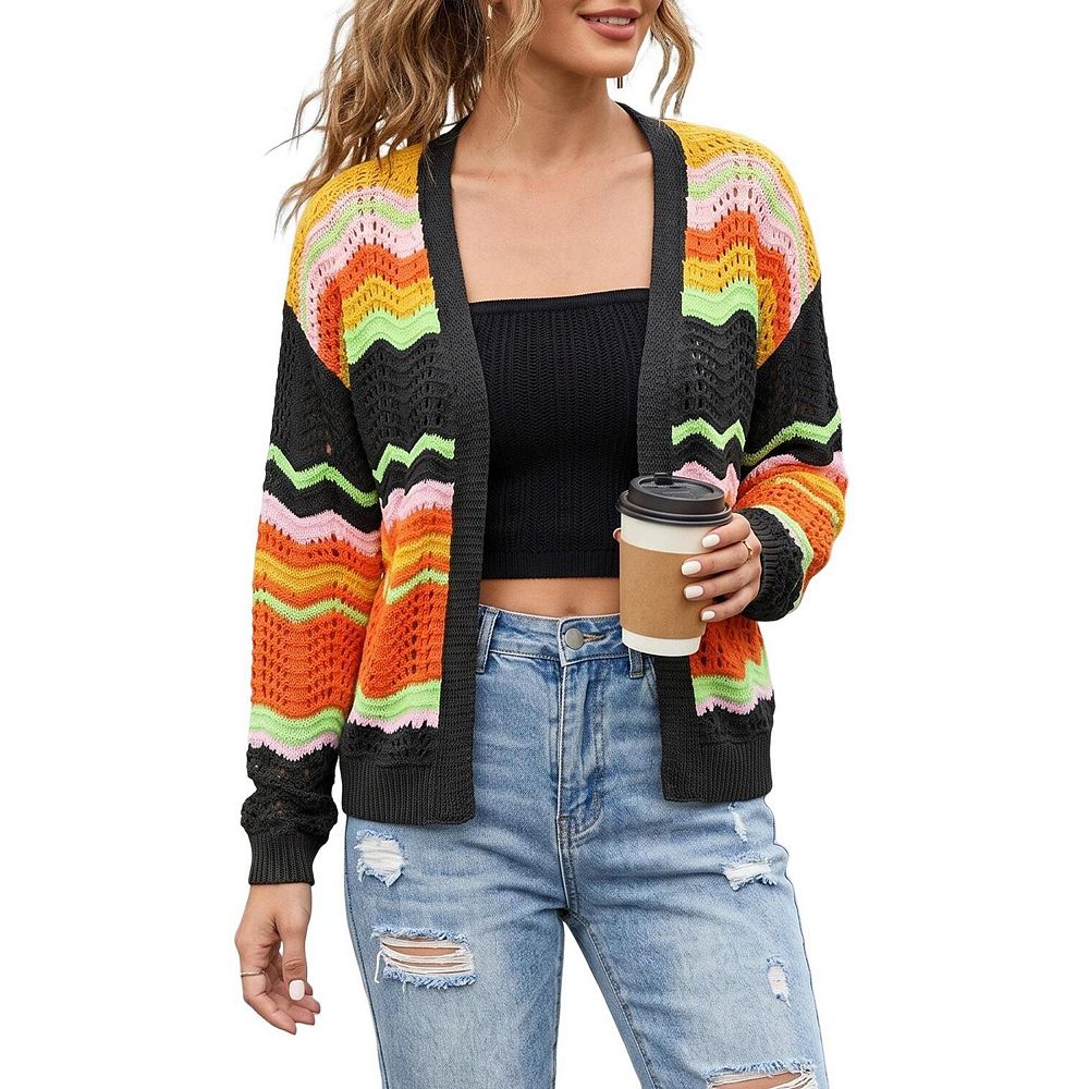 XuBa Women’s Rainbow Striped Knit Cardigan Long Sleeve Open Front Color ...