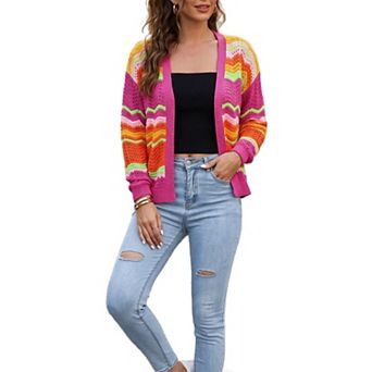 XuBa Women’s Rainbow Striped Knit Cardigan Long Sleeve Open Front Color Block Sweater