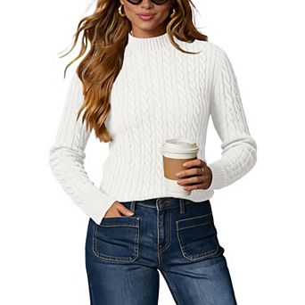 XuBa Women Mock Neck Cable Knit Sweater Long Sleeve Slim Fit Pullover Top