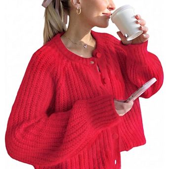 XuBa Festive Solid Knit Button Cardigan Long Sleeve Holiday Sweater