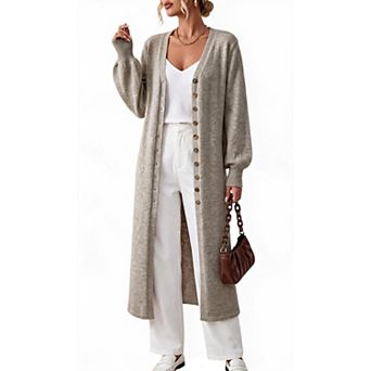 Women's Long V Neck Button Front Lantern Sleeve Knit Cardigan