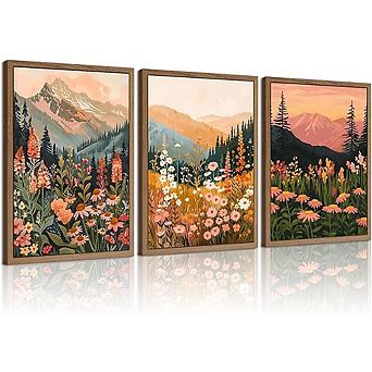 Boho Daisy Wall Art Print Abstract Floral & Mountain Landscape, Unframed