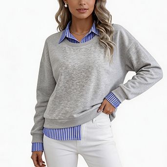 Women's Fake Two Piece Sweatshirt Striped Patchwork Polo Collar Casual Long Sleeve Tops Outfits