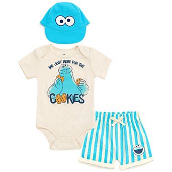Sesame Street Cookie Monster Short Sleeve Bodysuit and Bottoms Set with Hat