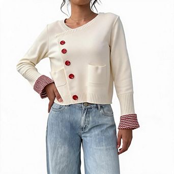 Women Asymmetric Button Knit Cardigan Long Sleeve Contrast Cuff Cropped Sweater with Pockets