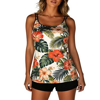 Tropical‑Print 2 pc Tankini Swim Set, Adjustable‑Strap Tank Top & Boy‑Short Bathing Suit
