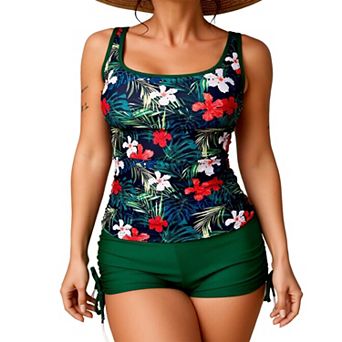 Tropical‑Floral 2 pc Tankini Swimwear, U‑Neck Sleeveless Top & Side‑Tie Boy‑Short Bathing Suit