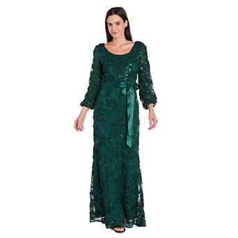 Petite R&M Richards Sequin Embellished Soutache Lace Gown with Tie-Sash