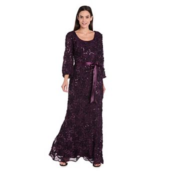 Petite R&M Richards Sequin Embellished Soutache Lace Gown with Tie-Sash