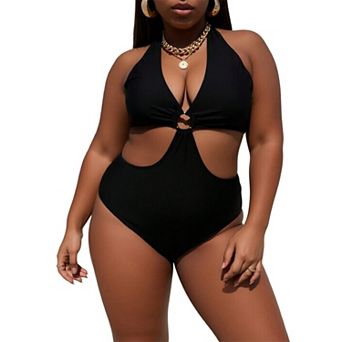 Halter One‑Piece Swimsuit, Deep V Neck Cut‑Out Monokini With Front O‑Ring Detail