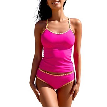 Geometric‑Trim Tankini 2 pc Swimsuit, Sleeveless Scoop Neck Tank Top & High‑Cut Bottom
