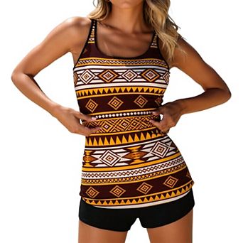 Ethnic Geometric Print Tankini 2 pc Swimsuit, Scoop Neck Sleeveless Tank Top & Swim Shorts
