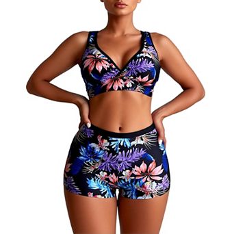 Tropical Floral Print 2 pc Athletic Swimsuit, V‑Neck Racerback Top & Boy‑Short Swim Bottom