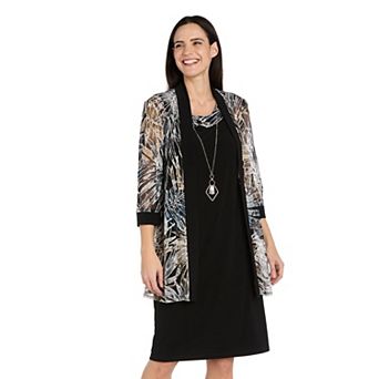 Petite R&M Richards 3 pc Puff Print Power Jacket, Dress & Necklace Set