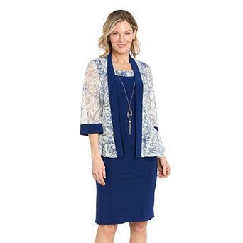 Petite R&M Richards 2 pc Floral Soutache Tulle Jacket & Sheath Dress Set with Necklace