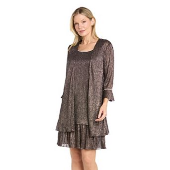 Petite R&M Richards Metallic Pleated 2 pc Tiered Jacket & Dress