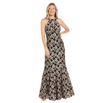 Petite R&M Richards Halter Neck Glitter Lace Gown with Scalloped Detail