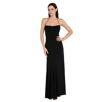 Petite R&M Richards Rhinestone Draped Halter Jersey Knit Dress with Side Slit