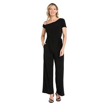 Petite R&M Richards One-Shoulder Rhinestone Banded Jumpsuit with Self-Tie