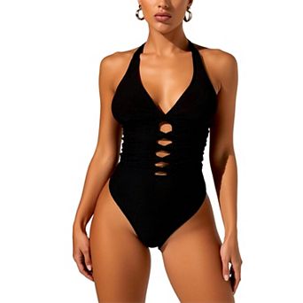 Ribbed Halter One‑Piece Swimsuit, Deep V‑Neck Front Cut‑Out Monokini With Tie‑Up Back