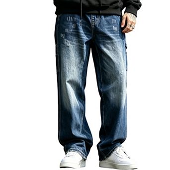 Men’s Stitched‑Detail Cargo Wide‑Leg Jeans, Utility Denim Trousers