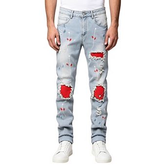 Men’s Distressed Straight‑Leg Jeans, Paint‑Splash Ripped Patch Street‑Style Denim Trousers