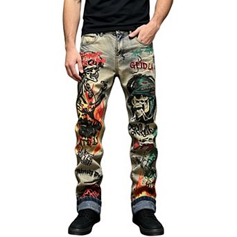 Men’s Straight‑Leg Graphic Print Jeans, Skull Flame Printed Denim Pants For Hip‑Hop Style