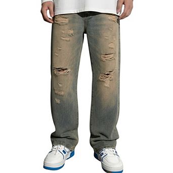 Men’s Distressed Ripped Wide‑Leg Jeans, Loose Baggy Denim Street‑wear Trousers