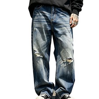 Men’s Ripped Baggy Wide‑Leg Jeans, Streetwear Loose‑Fit Denim Pants