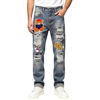 Men’s Straight‑Leg Ripped Denim Jeans, Cartoon Patch Embroidered Street‑Wear Casual Pants