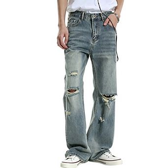 Men’s Multi‑Hole Ripped Wide‑Leg Jeans, Casual Loose Denim Bottoms