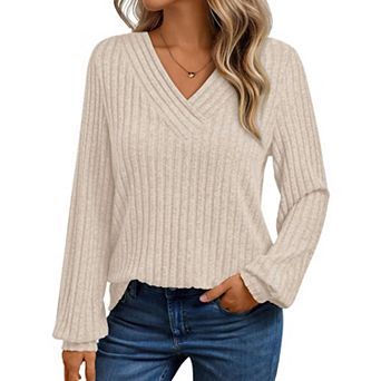 Women's V-Neck Sweater Casual Long Sleeve Pullover Top