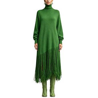 Women's Turtleneck Knit Maxi Dress Long Sleeve Loose Asymmetrical Fringe Hem Sweater Dress