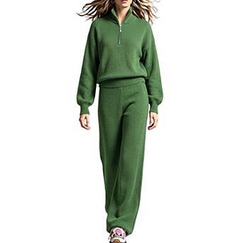 Women's Half Zip Knit Two‑Piece Outfit Long Sleeve Sweater Top Wide Leg Pants Loungewear Set