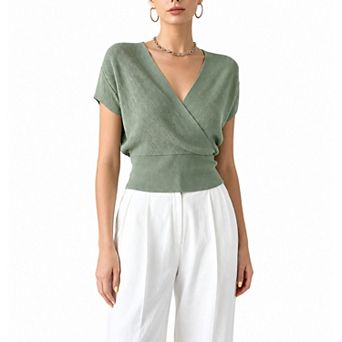 Women's Wrap V‑Neck Short Sleeve Knit Top Ribbed Waistband Fitted Casual Blouse