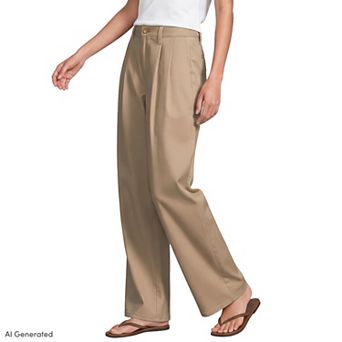 Women's Lands' End Chino Mid Rise Pleated Relaxed Straight Leg Pants